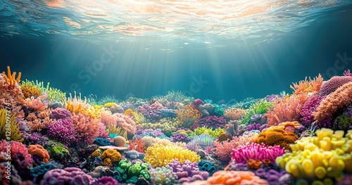 Wallpaper Mural Ocean acidification idea. Vibrant coral reef under water with sunlight filtering through, showcasing diverse marine life. Torontodigital.ca