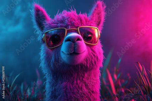 Cartoonish pink llama wearing sunglasses and a smile. The image has a fun and playful mood