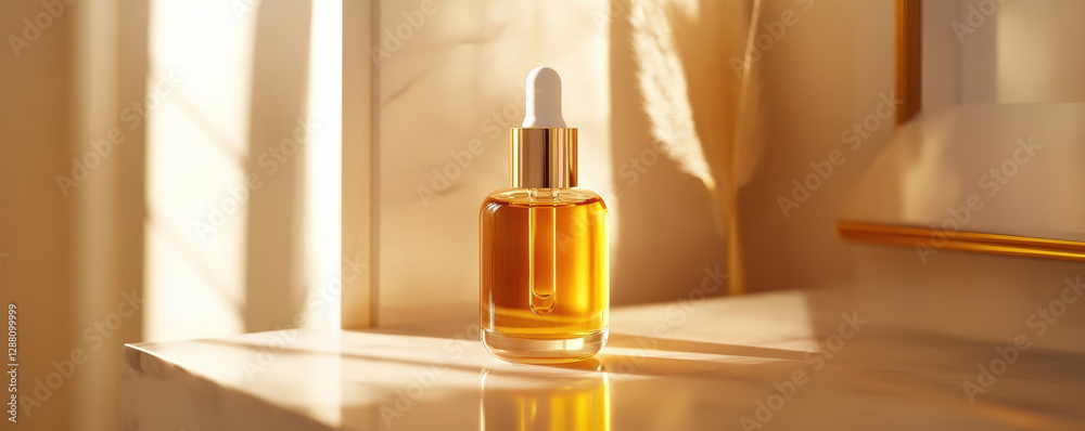 golden serum bottle illuminated by soft sunlight, showcasing its luxurious texture and elegant design. warm light enhances beauty of product, creating serene atmosphere