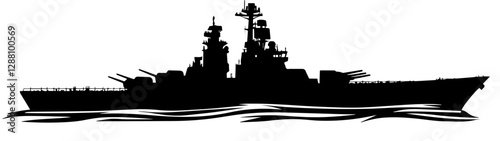 Black and white illustration of a warship. Ship. Navy.
