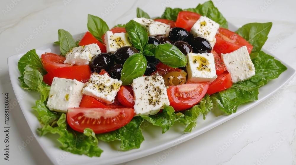 Fresh healthy vegetable Mediterranean food salad of Greek feta cheese, tomato, olives, pepper, lettuce and green basil leaves, top view Fresh healthy vegetable Mediterranean food salad of Greek feta cheese, tomato, olives, pepper, lettuce and green basil leaves, top view