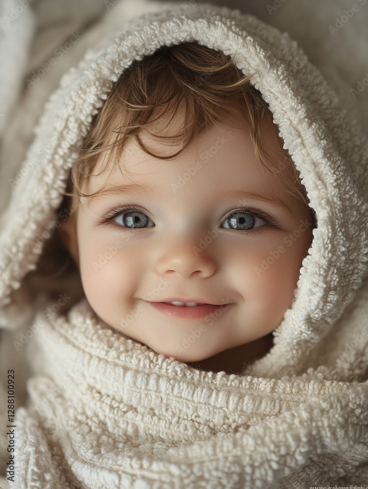 Sweet baby smiling while wrapped in soft blanket Sweet baby smiling while wrapped in soft blanket