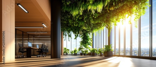 A modern office space featuring large windows, abundant greenery, and natural light, creating a refreshing and inspiring work environment.