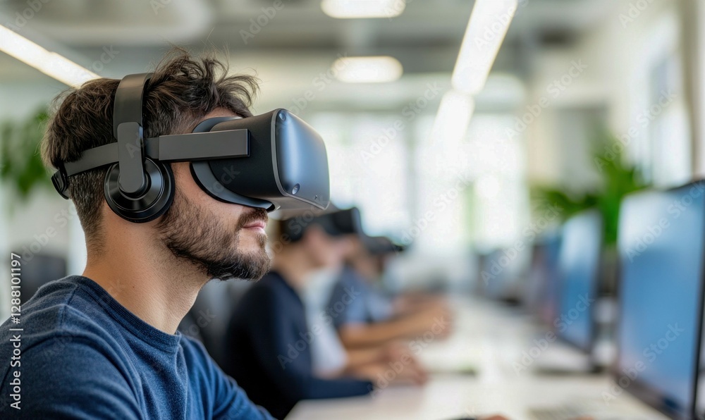 Young Man Using Virtual Reality Headset in Modern Office Young Man Using Virtual Reality Headset in Modern Office