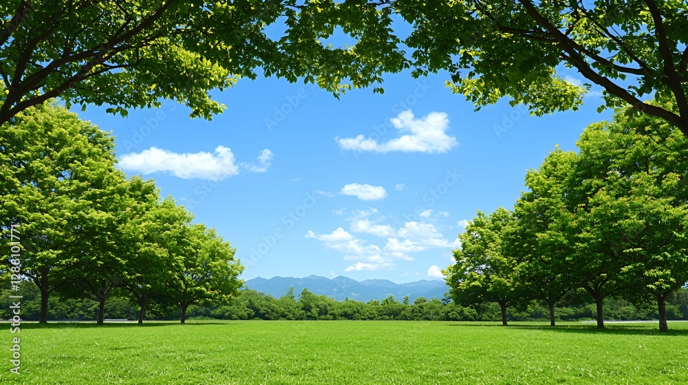 Lush Green Trees Frame a Sunny Summer Park Landscape Lush Green Trees Frame a Sunny Summer Park Landscape