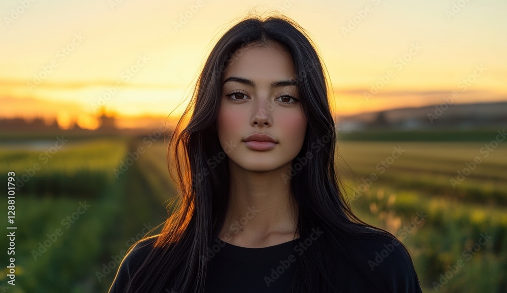 Fototapeta premium Young woman standing in a field during sunset in rural area