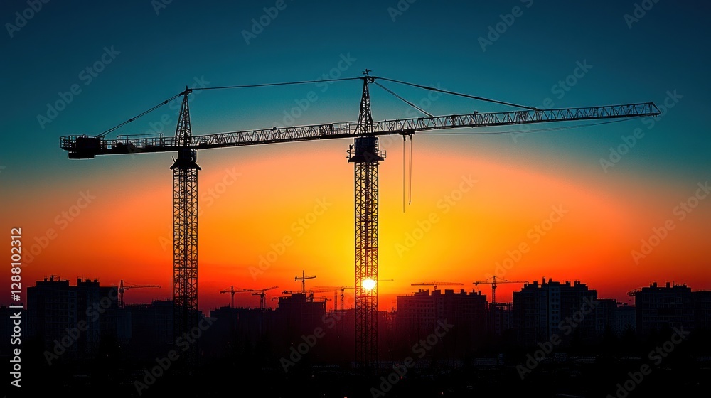 Fototapeta premium Construction crane at sunset over city skyline
