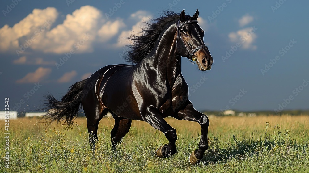 Black horse running field dramatic sky Black horse running field dramatic sky