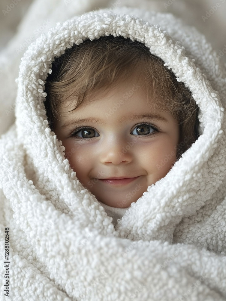 Baby wrapped in cozy blanket with joyful expression Baby wrapped in cozy blanket with joyful expression