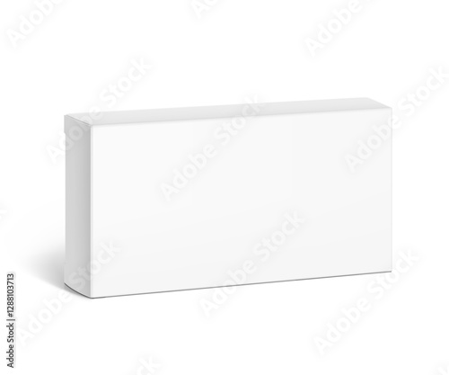 Realistic white closed paperboard box mockup. Vector illustration isolated on white background. Taking your 2D designs into 3D. Can be use for medicine, food, cosmetic and other. EPS10.