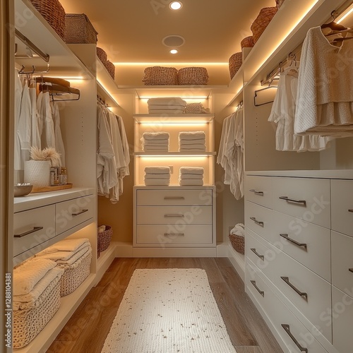 Luxurious walk-in closet with lighting and organization photo