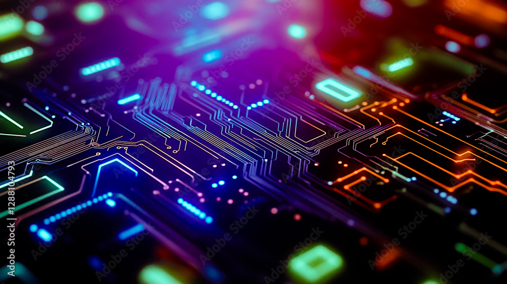 Circuit Board: A dynamic close-up of a circuit board glows with intricate neon patterns, symbolizing the complexities of technology and data processing. Circuit Board: A dynamic close-up of a circuit board glows with intricate neon patterns, symbolizing the complexities of technology and data processing.