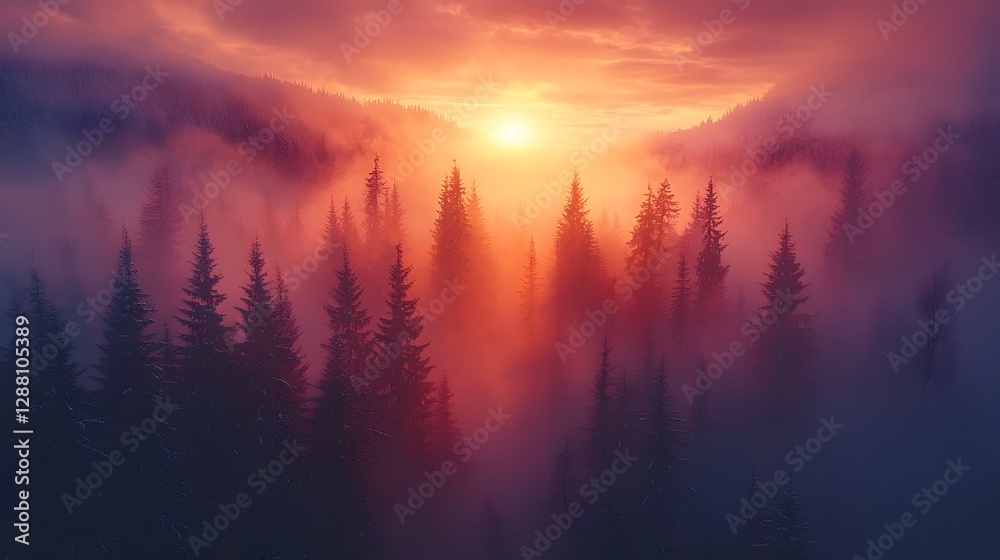 Naklejka premium Glowing Frost Covered Trees in a Serene Winter Wonderland Sunset Landscape