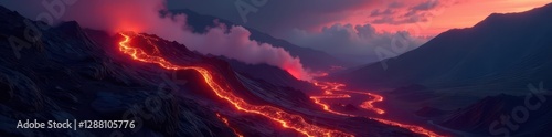 Lava flows slowly down the slope of a volcano, mountain, lava