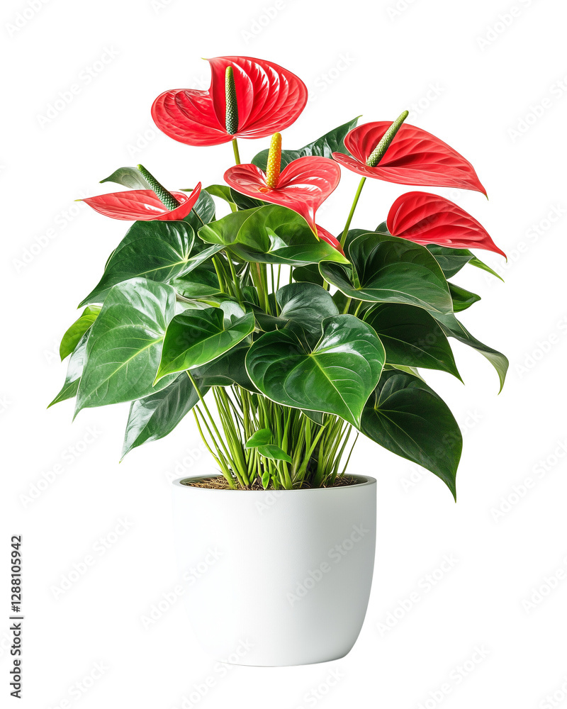 Obraz premium Anthurium Flamingo Flower plant with vibrant red blooms and lush green leaves in a modern ceramic pot, isolated on transparent background, botanical photography