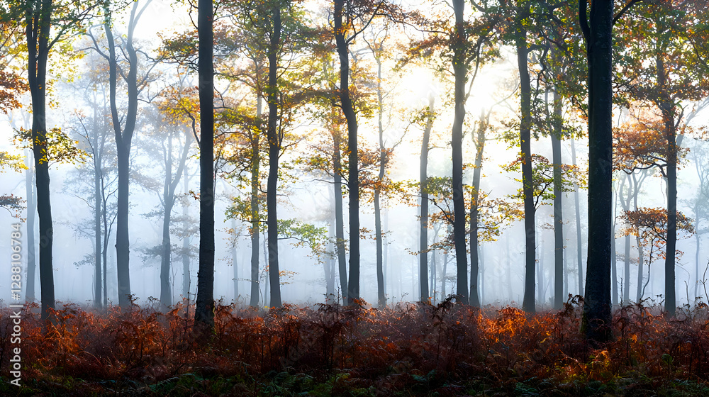 Fototapeta premium Misty Autumn Forest with Sunlight Streaming Through Trees