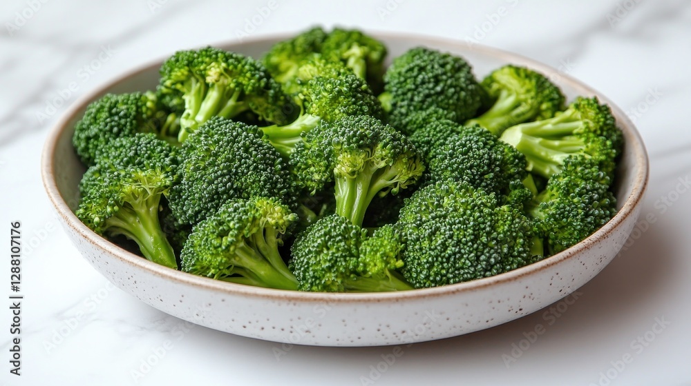 Fresh Broccoli Florets in Bowl on Marble Fresh Broccoli Florets in Bowl on Marble