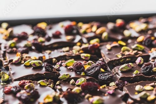 Rich chocolate bark adorned with vibrant nuts and dried fruits c