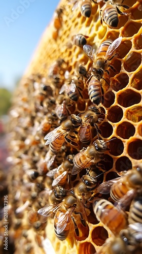 Honeybees on honeycomb, close-up, natural habitat photo