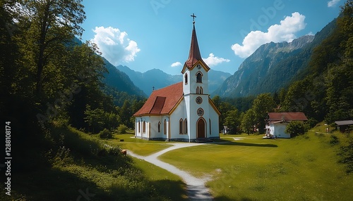 Alpine church nestled in valley, mountains backdrop
