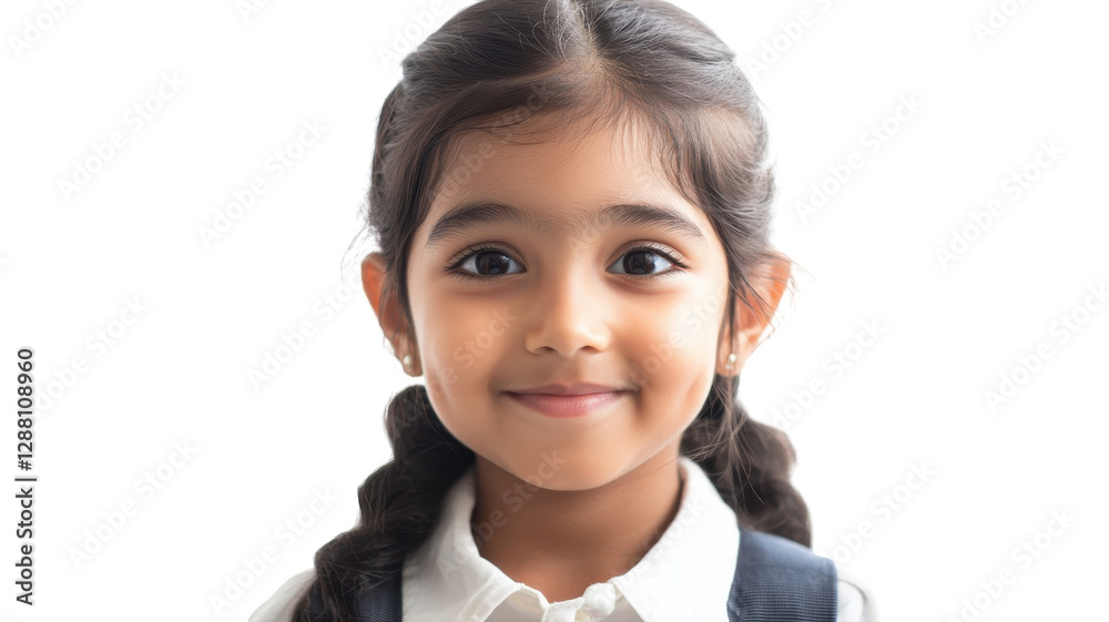 Young girl with long hair smiles happily in a bright and simple background, showcasing innocence and joy of childhood Young girl with long hair smiles happily in a bright and simple background, showcasing innocence and joy of childhood