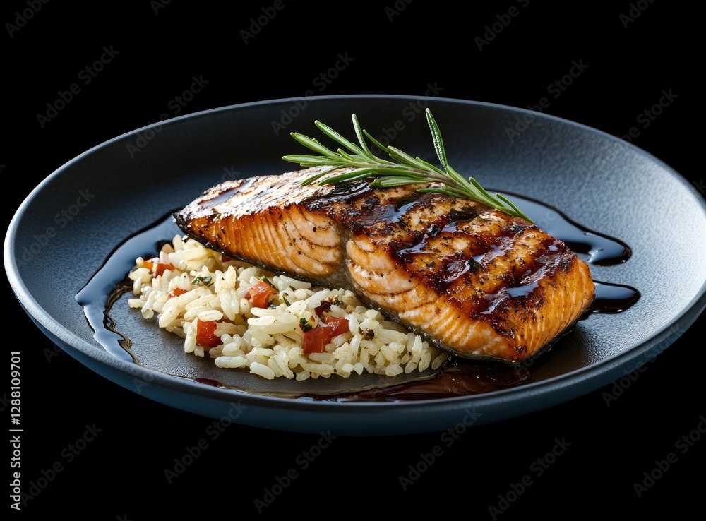 Atop the dish, a perfectly grilled salmon fillet with balsamic glaze and rice salad on a dark plate, against a black background. Atop the dish, a perfectly grilled salmon fillet with balsamic glaze and rice salad on a dark plate, against a black background.