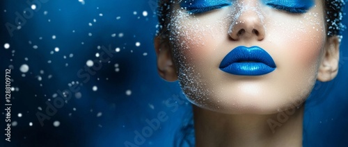 A Christmas-themed makeup style often features rhinestones on the lips paired with snowy eyelashes