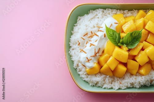 Delicious mango slices atop fluffy rice, garnished with mint and