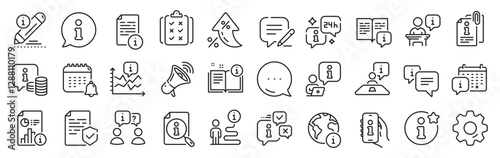 Info center line icons. Settings gear, Message, Inflation icons. Reception information, Journey path, Guide book. Call center, Faq chat bubbles, Info help desk icons. Vector