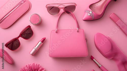flat lay of pink fashion accessories, including a handbag, sunglasses, lipstick, and high heels on a matching pink background 