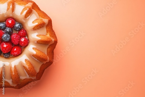 Delicious bundt cake topped with fresh berries, set against warm