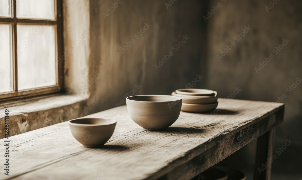 Artisan Workshop Table with Handmade Ceramic Pottery in Rustic Setting Artisan Workshop Table with Handmade Ceramic Pottery in Rustic Setting