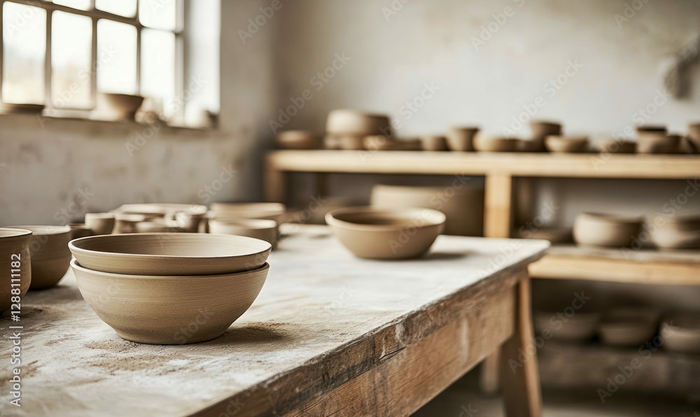 Artisan Workshop Table with Handmade Ceramic Pottery in Rustic Setting Artisan Workshop Table with Handmade Ceramic Pottery in Rustic Setting