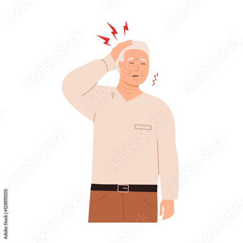 Elderly man suffering from a headache, touching his head with a pained expression. Senior experiencing pain and discomfort due to migraine or stress with red pain symbols. Flat vector illustration.