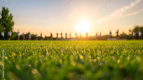 Silhouetted Sports Team Training at Sunset on Green Field