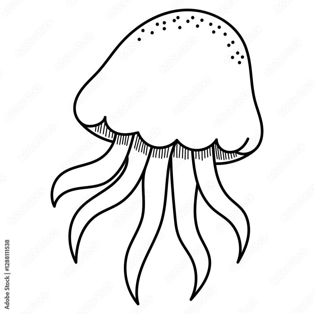 Fototapeta premium Jellyfish black and white drawing. Graceful marine creature illustration suitable for nature themed designs, educational materials, and coloring book for kids