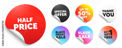 Half price red sticker tag. Special offer paper price tags. Half Price tag. Special offer Sale sign. Advertising Discounts symbol. Discount, black friday sticker. Promo banner. Vector