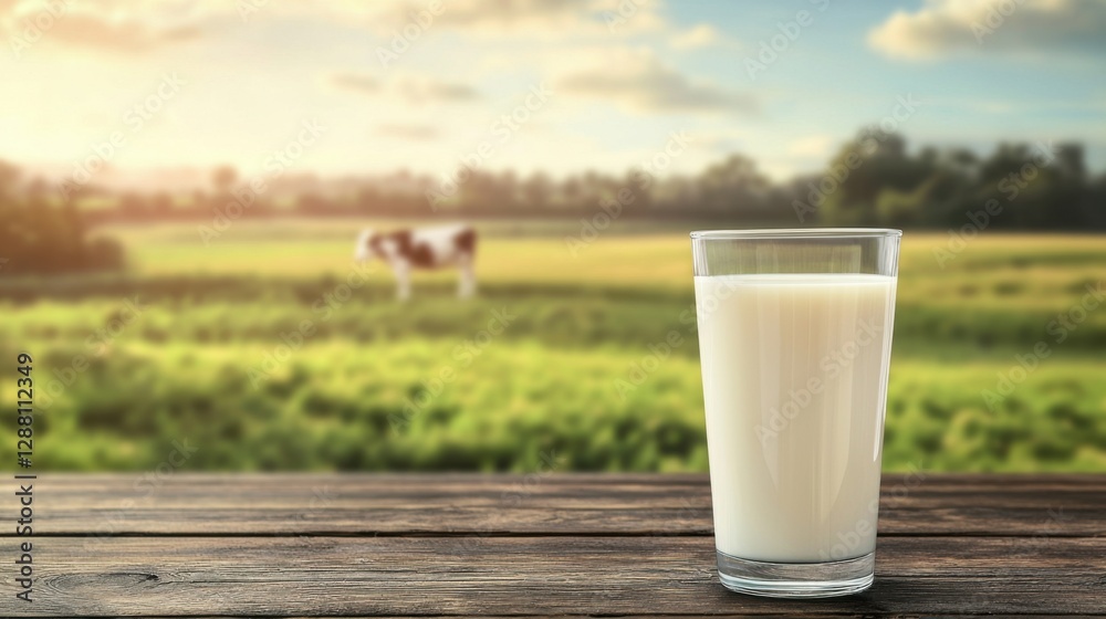 Fresh milk in glass on dark wooden tabletop and blurred landscape with cow on meadow. Healthy eating. Rustic style. Space for design. Fresh milk in glass on dark wooden tabletop and blurred landscape with cow on meadow. Healthy eating. Rustic style. Space for design.