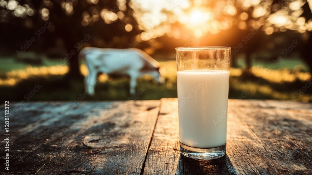 Fresh milk in glass on dark wooden tabletop and blurred landscape with cow on meadow. Healthy eating. Rustic style. Space for design. Fresh milk in glass on dark wooden tabletop and blurred landscape with cow on meadow. Healthy eating. Rustic style. Space for design.