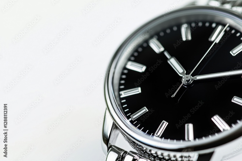 The image features a black luxury watch against a white background, and it includes a clipping path for design or artwork purposes The image features a black luxury watch against a white background, and it includes a clipping path for design or artwork purposes