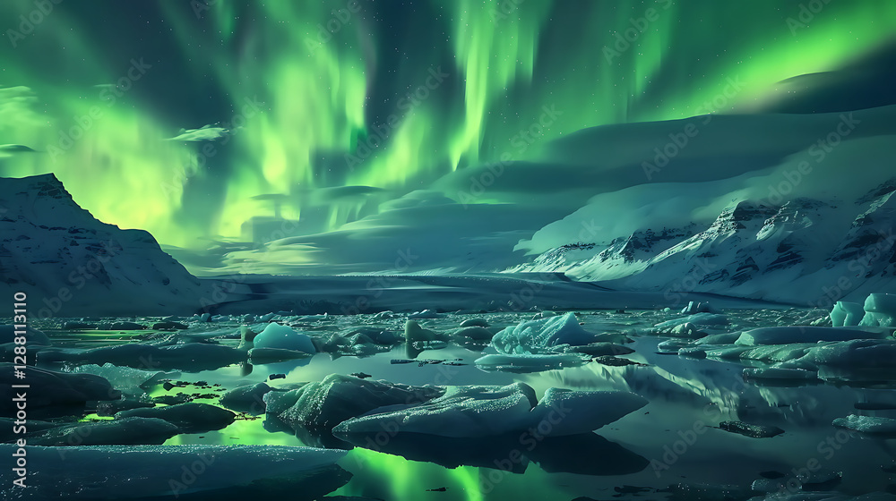 Naklejka premium Majestic Green Lights Dancing Above Arctic Mountains