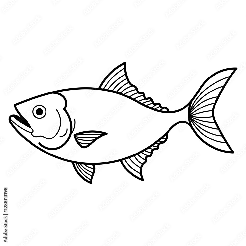 Title Tuna fish black and white line drawing suitable for seafood restaurant menus, packaging design, educational materials and coloring book Title Tuna fish black and white line drawing suitable for seafood restaurant menus, packaging design, educational materials and coloring book