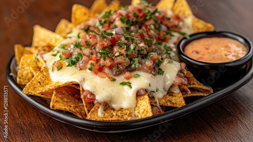 Melted Cheese Nachos with Salsa on a Plate photo