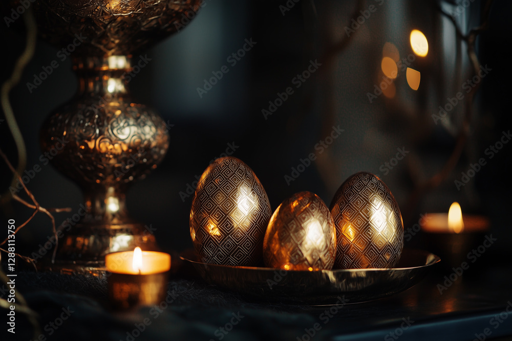 Naklejka premium Elegant easter still life, golden eggs with geometric patterns