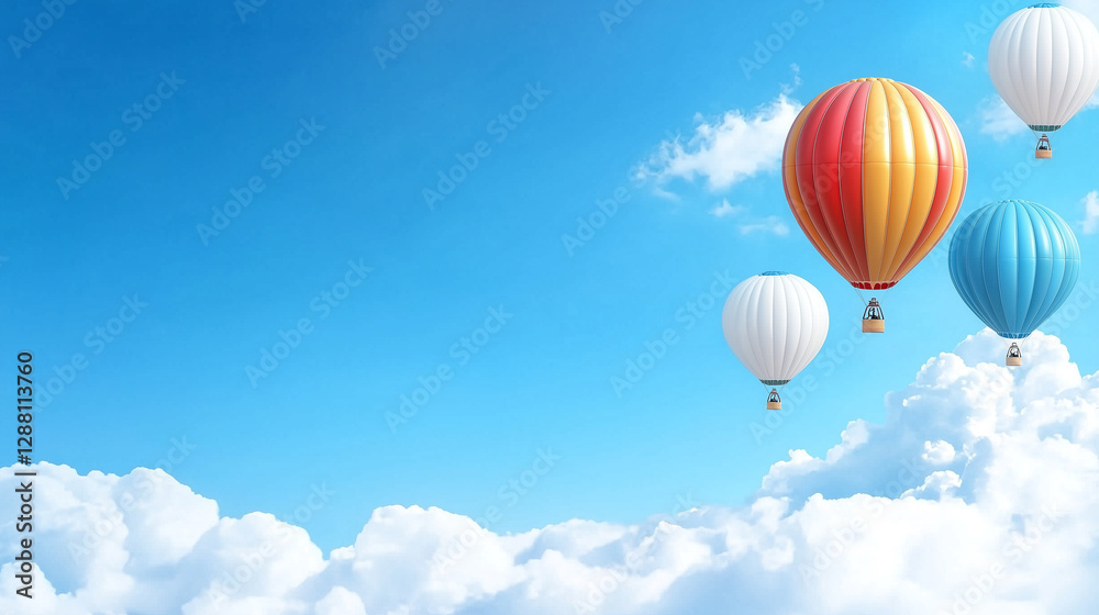 Naklejka premium Colorful hot air balloons float against bright blue sky with fluffy clouds