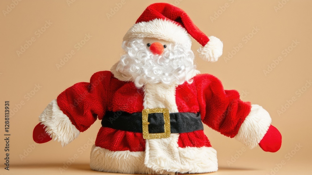 A festive Santa Claus figurine in a classic red suit with a fluffy white beard, set against a warm, neutral background. A festive Santa Claus figurine in a classic red suit with a fluffy white beard, set against a warm, neutral background.