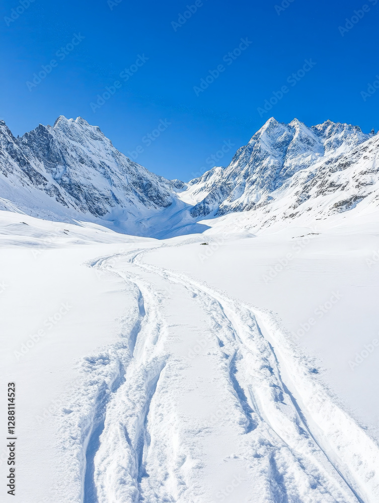 Serene ski tracks wind through a pristine snow-covered valley, nestled between majestic snow-capped mountains under a vibrant blue sky. Serene ski tracks wind through a pristine snow-covered valley, nestled between majestic snow-capped mountains under a vibrant blue sky.