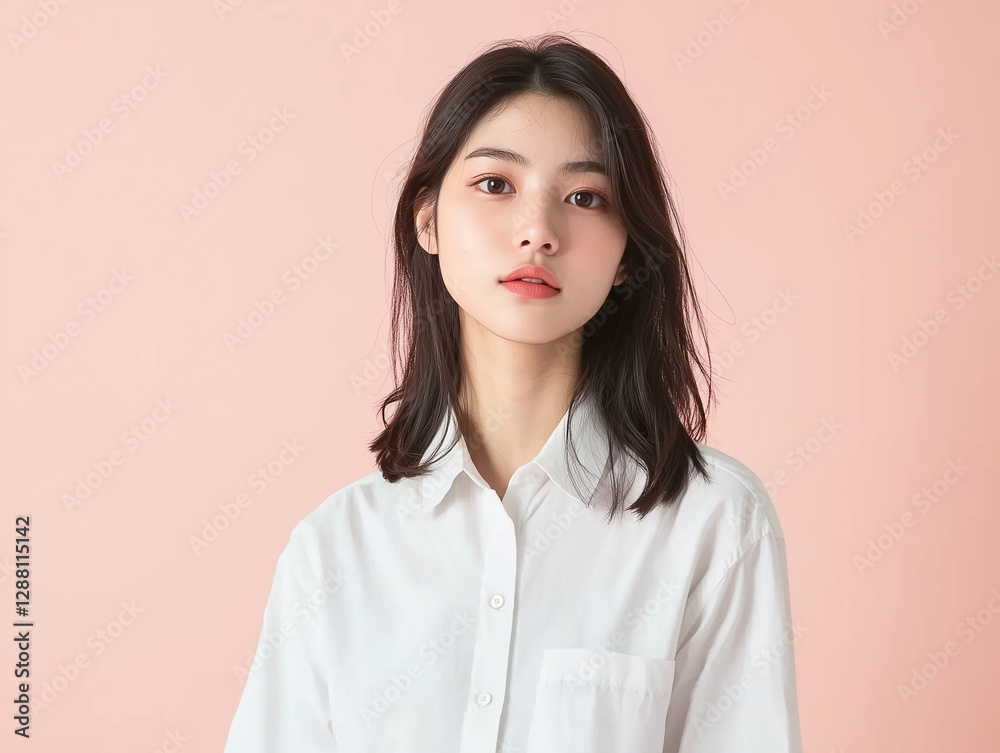 woman in plain white shirt stands against soft pink background, looking serene woman in plain white shirt stands against soft pink background, looking serene