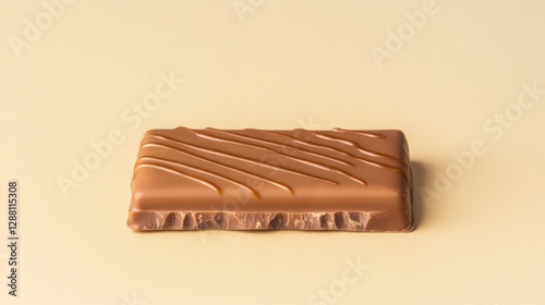 Chocolate bar placed on smooth surface highlights its glossy tex