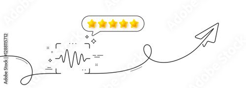 Voice wave line icon. Continuous line with share plane. Sound scan sign. Audio verification symbol. Five star rate review in speech bubble. Voice wave single line ribbon. Loop curve pattern. Vector